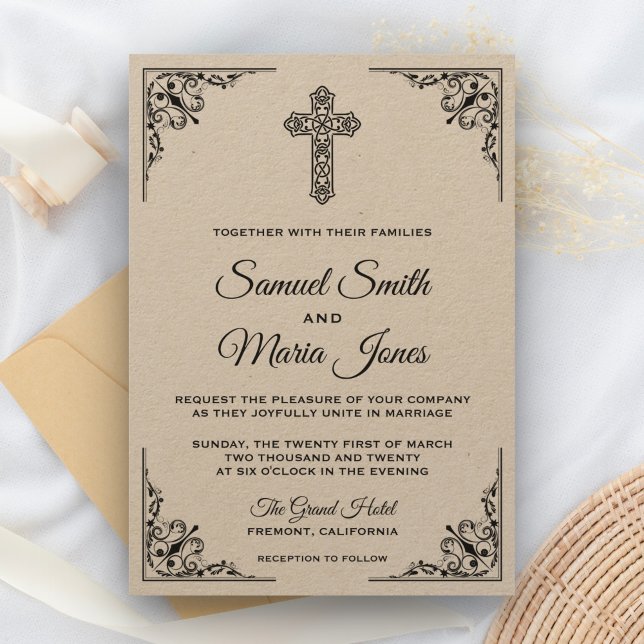 Convite de Casamento Cruz Ornamentada Kraft Rústic (Criador carregado)