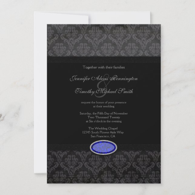 Convite de casamento da joia azul da Trendy Black  (Frente)