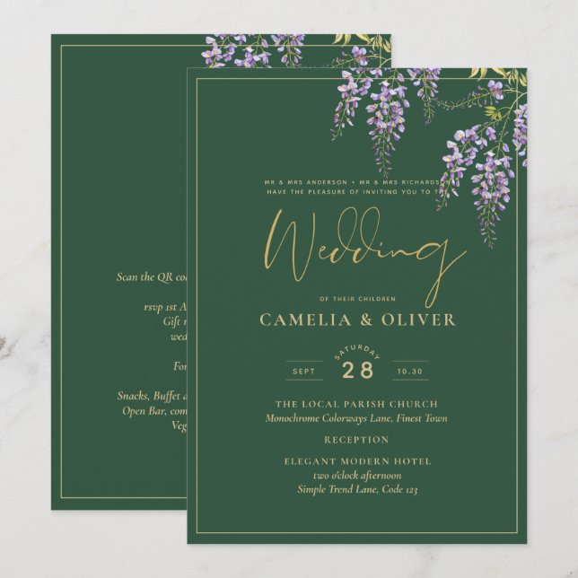 Convite de casamento da WISTERIA Roxa Verde LeahG (Frente/Verso)