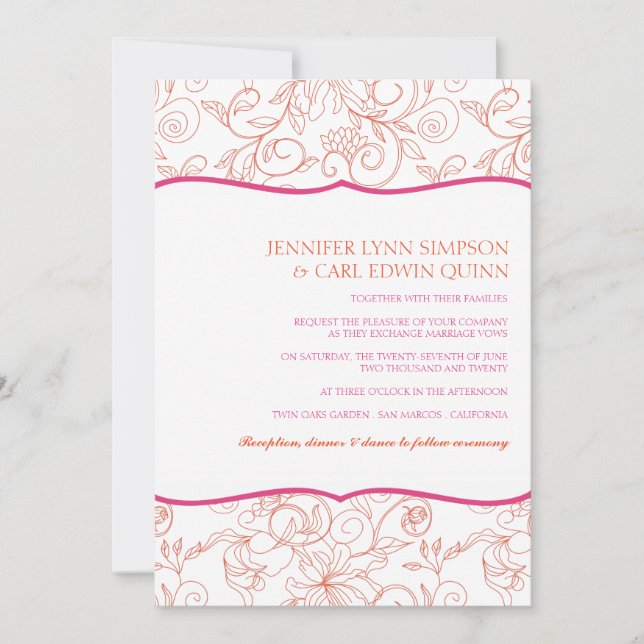 Convite de Casamento Dalia (Laranja e Fuchsia) (Frente)