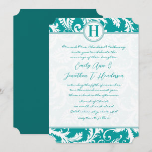 Convite de Casamento Damasco Água-Marinha Monogram