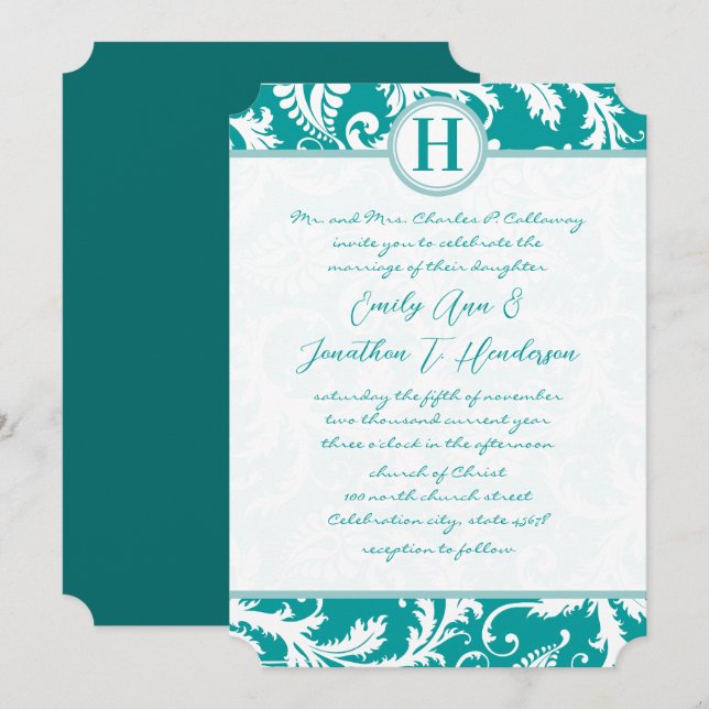 Convite de Casamento Damasco Água-Marinha Monogram (Frente/Verso)