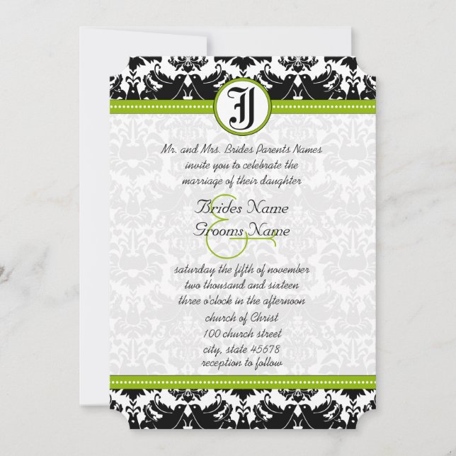 Convite de Casamento Damasco Apple Verde Preto Amo (Frente)