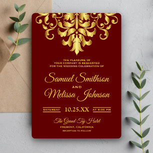 Convite de Casamento Damasco Dourado Vermelho Eleg