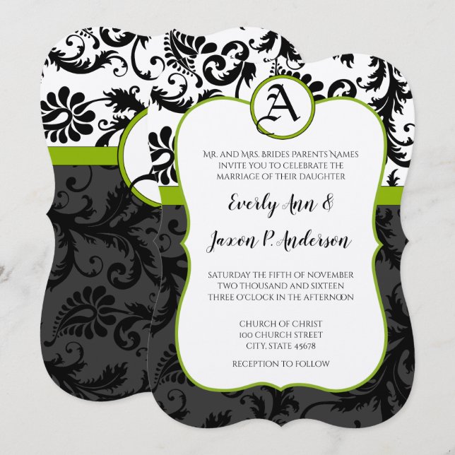 Convite de Casamento Damasco Verde Maçã Preto Únic (Frente/Verso)