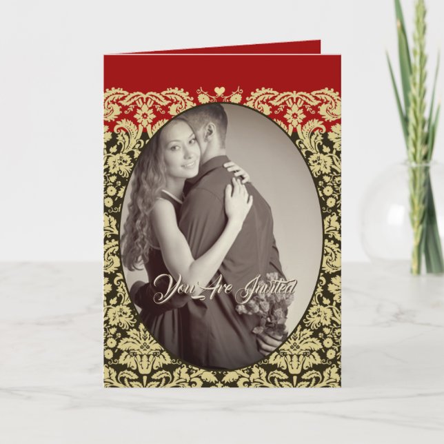 Convite de Casamento Damask Bege-Escolha o Fundo (Frente)