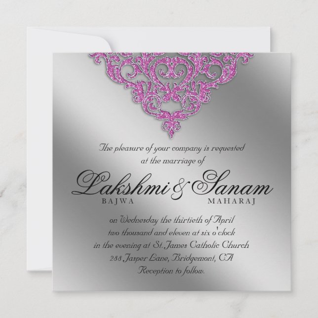 Convite de casamento Damask Brilho Prata Rosa (Frente)