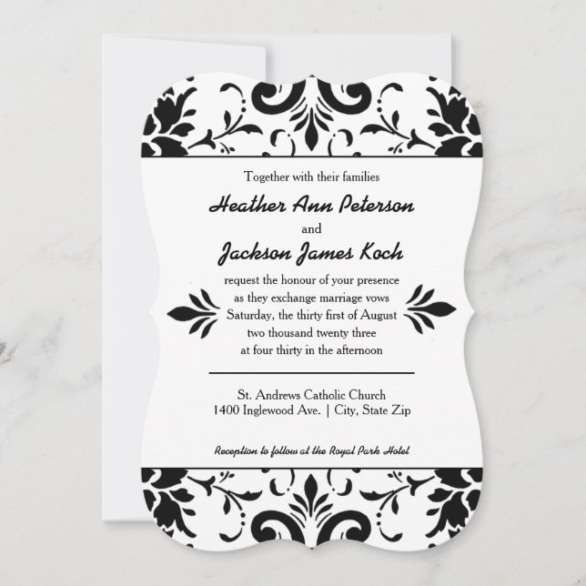 Convite de Casamento Damask Formal Preto e Branco (Frente)