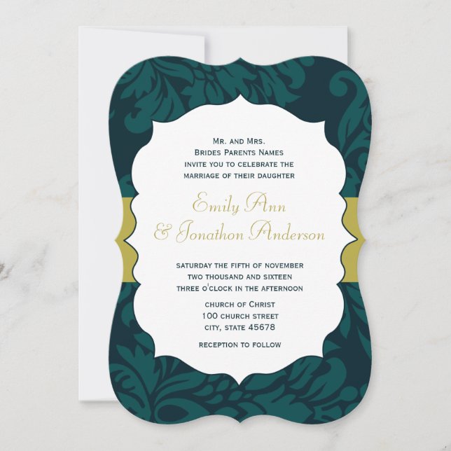 Convite de Casamento Damask Moderno em Azul Água e (Frente)