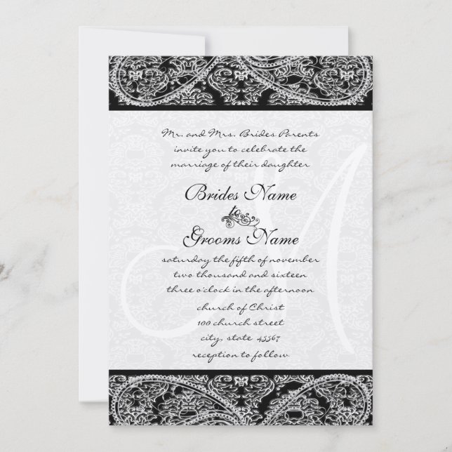 Convite de Casamento Damask Monograma Paisley Pret (Frente)