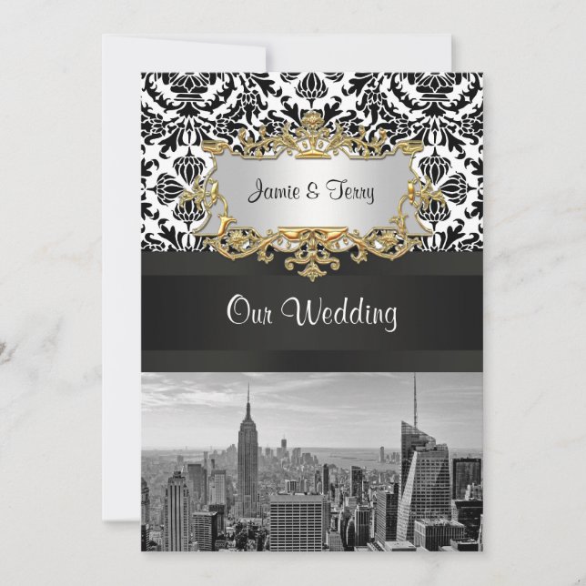 Convite de Casamento Damask NYC Skyline BW 431 V (Frente)