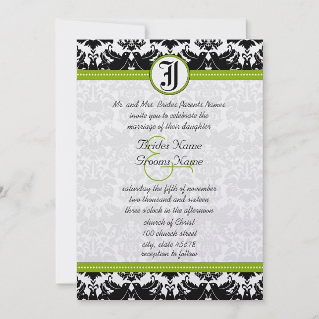 Convite de Casamento Damask Pássaro do Amor Verde  (Frente)