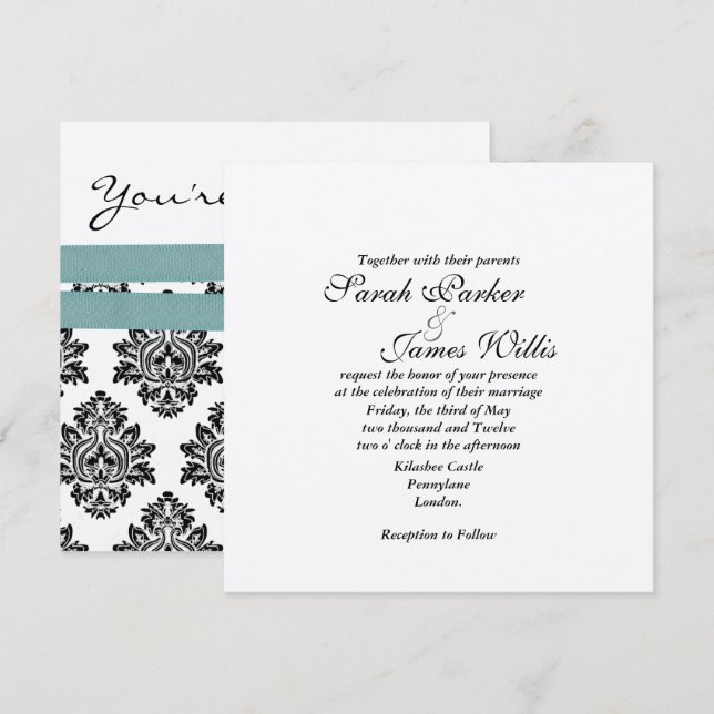 Convite de Casamento Damask Prata e Turquesa Metál (Frente/Verso)