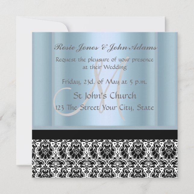 Convite de Casamento Damask preto e Azul Céu (Frente)