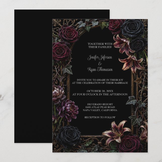Convite de Casamento Dark Floral Gótico para o Hal (Frente/Verso)