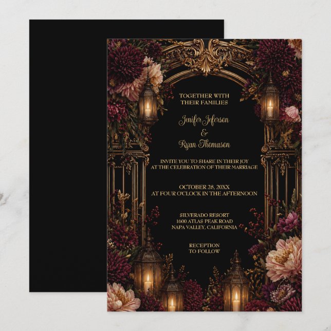 Convite de Casamento Dark Floral Gótico para o Hal (Frente/Verso)