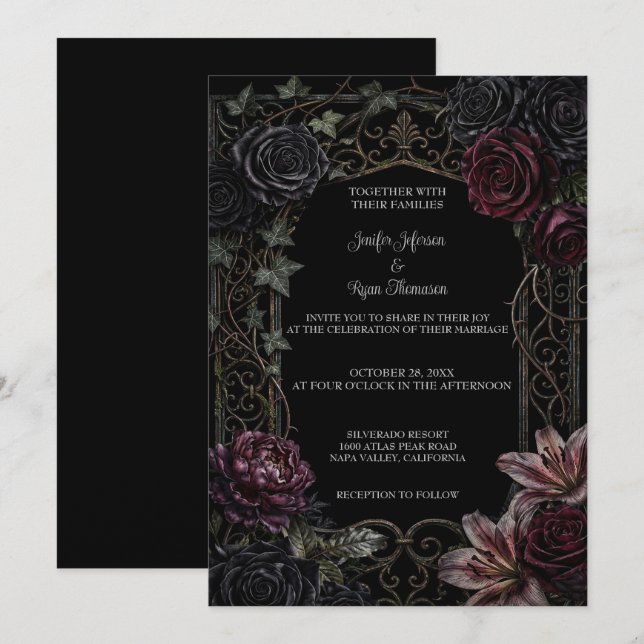 Convite de Casamento Dark Floral Gótico para o Hal (Frente/Verso)