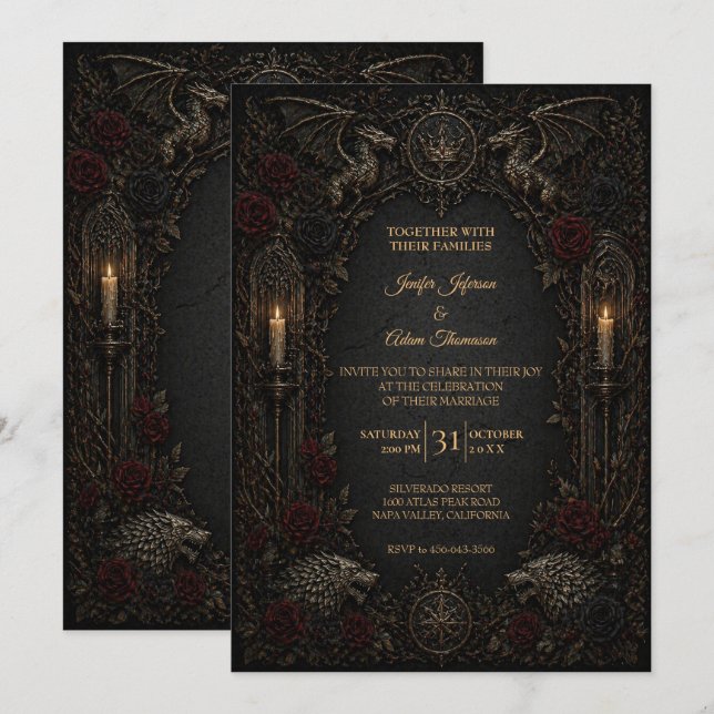 Convite de Casamento Dark GOT Gothic Halloween (Frente/Verso)