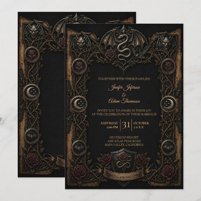 Convite de casamento Dark Gothic Halloween (Frente/Verso)