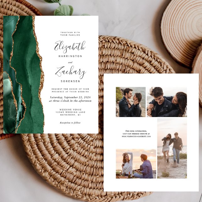 Convite de Casamento de 4 Fotos Branco Esmeralda O (Criador carregado)
