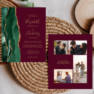 Convite de Casamento de 4 Fotos Esmeralda Burgundy