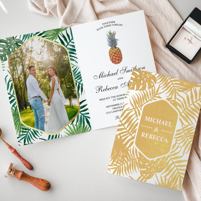 Convite de Casamento de Abacaxi com Folhas de Palm (Criador carregado)