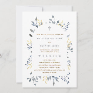 convite de casamento de acrílico com folhagem azul