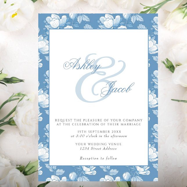 Convite De Casamento De Ampersand Floral Azul Eleg (Criador carregado)