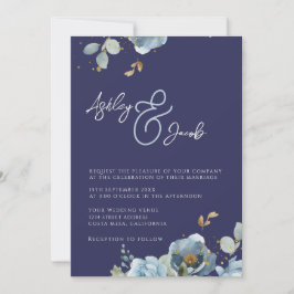 Convite De Casamento De Ampersand Floral Azul Eleg