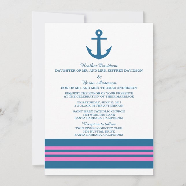 Convite de casamento de Âncora Náutica, Cor-de-Ros (Frente)