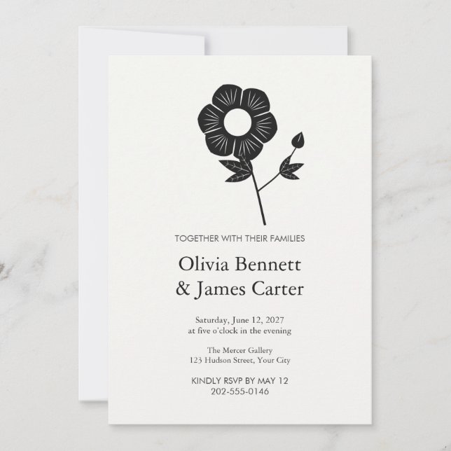 Convite de Casamento de Anêmona Preto e Branco (Frente)