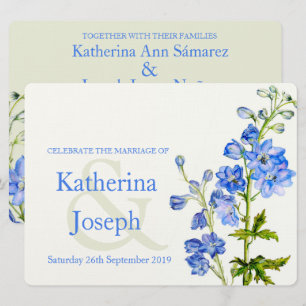 convite de casamento de aquarela azul delfinium