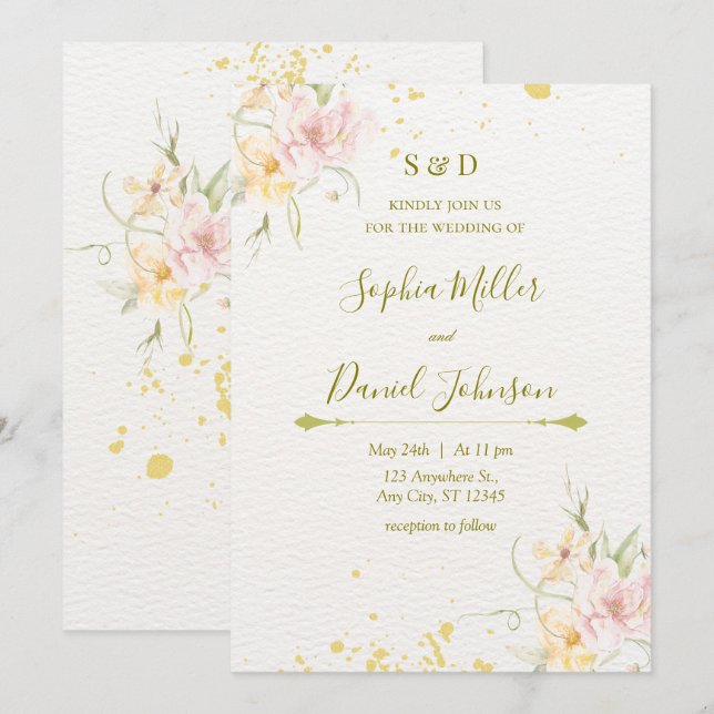 Convite de casamento de Aquarela Botânica (Frente/Verso)