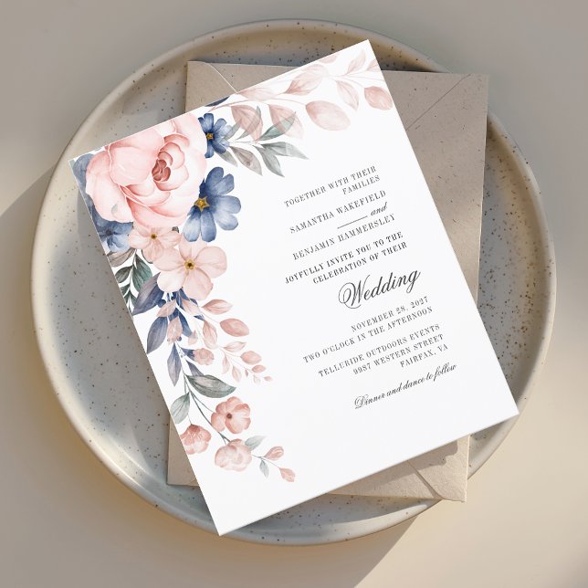 Convite de casamento de Aquarela Cor-de-Água Rosa  (Watercolor Floral Pink Script Budget Wedding Invitation)