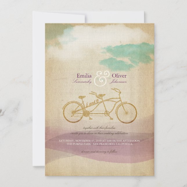Convite de casamento de Aquarela de Bicicleta Tand (Frente)