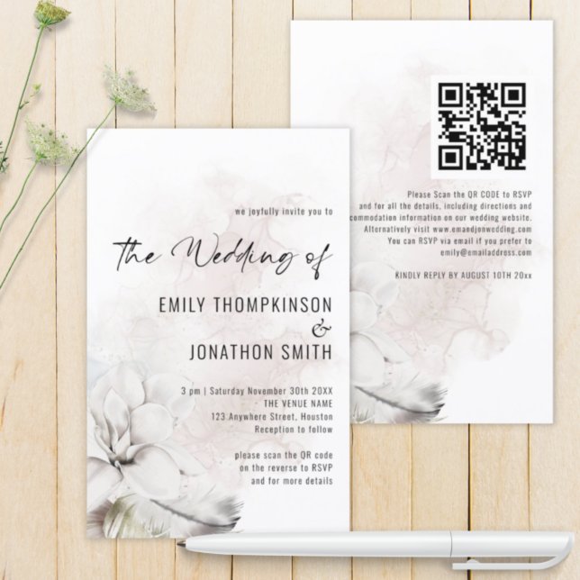 Convite de casamento de Aquarela Floral Branco QR  (Criador carregado)