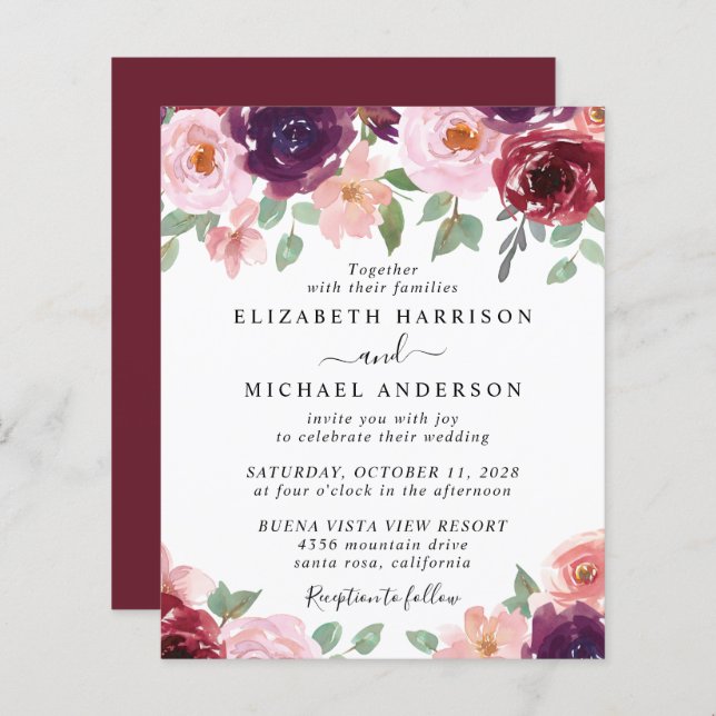 Convite de casamento de Aquarela Floral Burgundy (Frente/Verso)