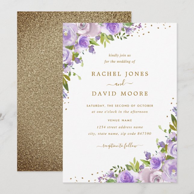 Convite de casamento de Aquarela Floral Dourada (Frente/Verso)