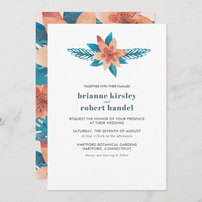 Convite de casamento de Aquarela Turquesa Coral Fl (Frente/Verso)