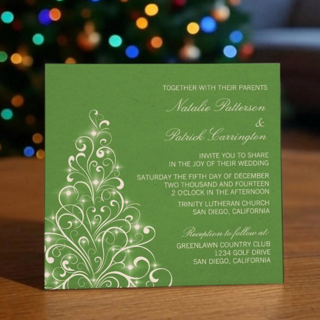 Convite de casamento de Árvore de Férias Sparkasse (Green Sparkly Holiday Tree Wedding Invitation)