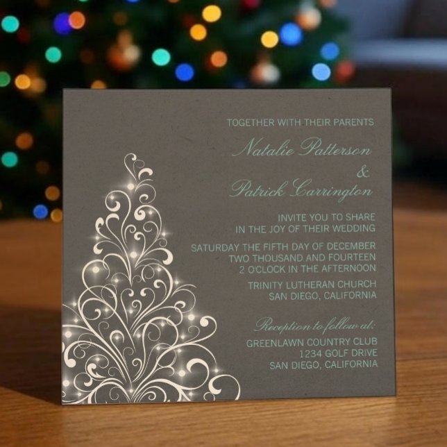 Convite de casamento de Árvore de Férias Sparkasse (Gray Sparkly Holiday Tree Wedding Invitation)