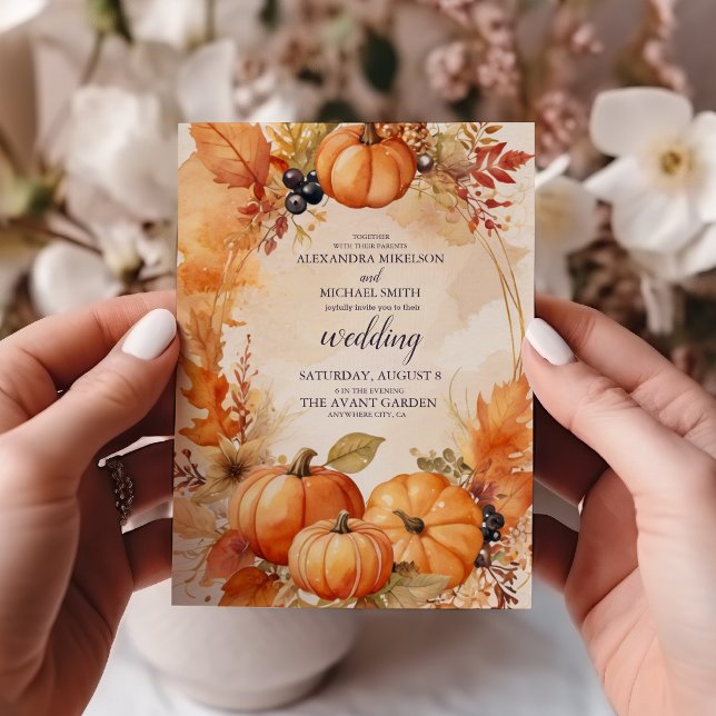 Convite De Casamento De Autumn Floral Pumpkin Scri (Criador carregado)