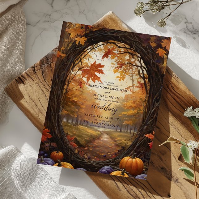 Convite De Casamento De Autumn Floral Pumpkin Scri (Criador carregado)