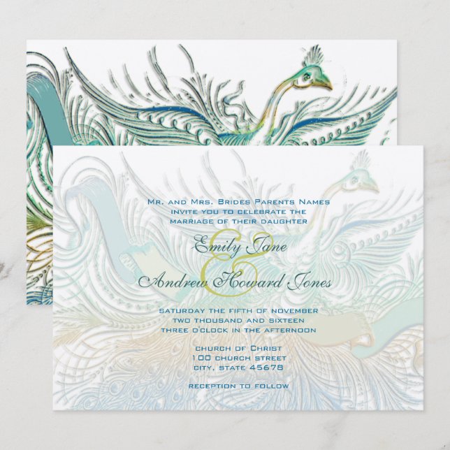 Convite de Casamento de Aves de Pavão Vintage 5 x  (Frente/Verso)
