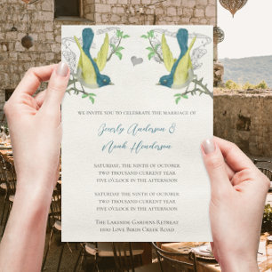 Convite de casamento de Aves Vintage Azul Verde e 