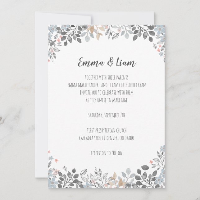 Convite De Casamento De Azul Botânico (Frente)