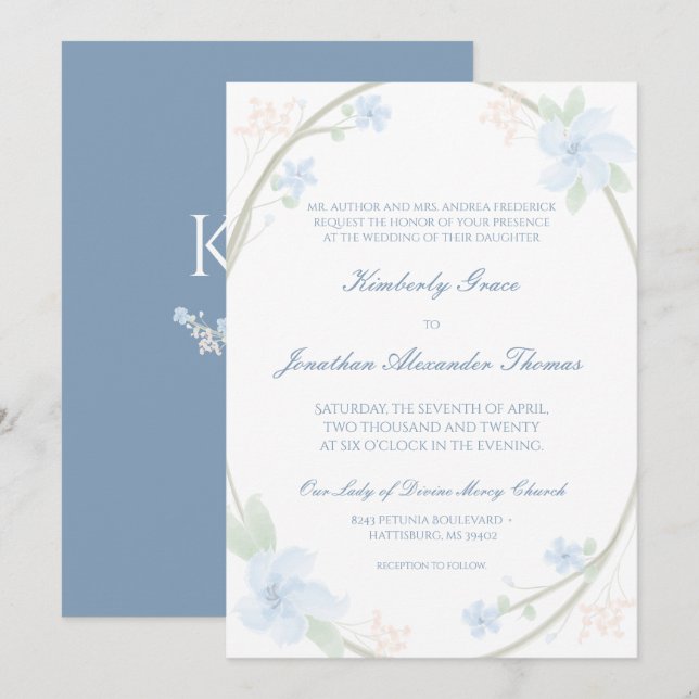 Convite De Casamento De Azul Floral (Frente/Verso)