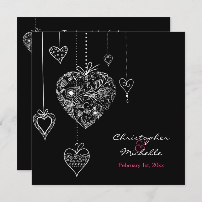 Convite de casamento de Black and White Hearts com (Frente/Verso)