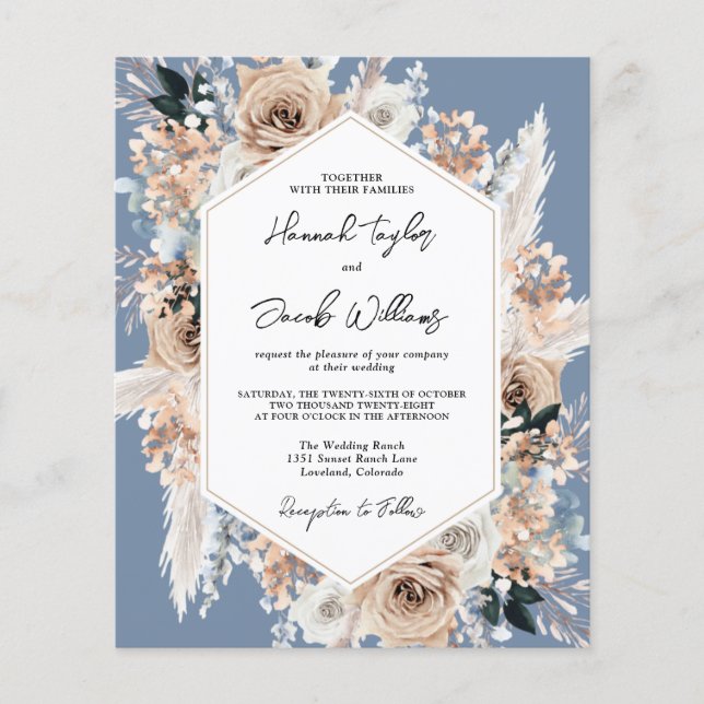 Convite De Casamento De Boho Floral Azul Dusty (Frente)