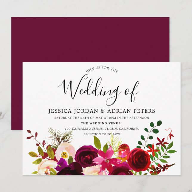Convite De Casamento De Boho Floral Vermelho Burgu (Frente/Verso)